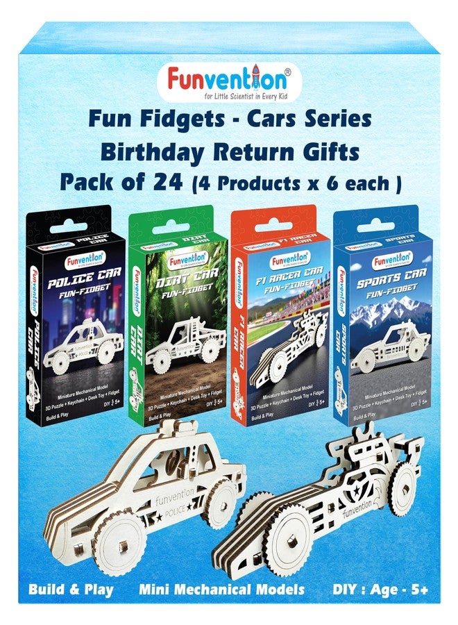 Funvention Birthday Return Gifts (Pack of 24) Fun Fidgets - Cars Series | DIY Mini Mechanical Models 3D Puzzle Return Favours for Kids Birthday Party 5+ Years Made in India Toys Return Gift, Silver - Image 1